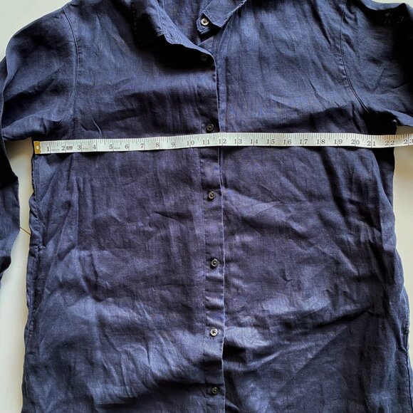 Women’s 100% Linen Navy Blue Long Shirt Dress Sz L Button Front Midi Side Pocket - Picture 5 of 10
